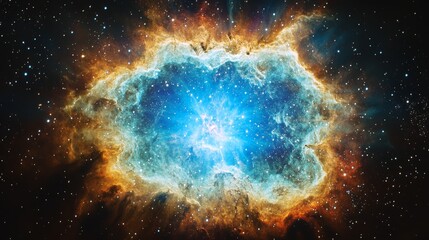 Colorful nebula with bright blue and orange gases in deep space, surrounded by stars. Cosmic beauty and astronomy exploration concept