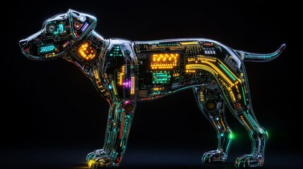 Aufkleber - Illuminated robotic dog with vibrant circuitry and neon colors on a dark background. Futuristic technology and innovation concept