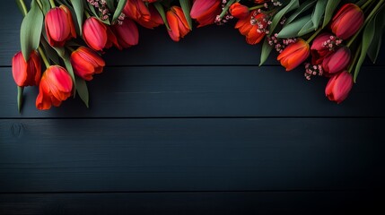 Wall Mural - Bouquet of red tulips is arranged in a row on a wooden surface. The flowers are the main focus of the image, and they create a sense of warmth and beauty. The wooden surface adds a natural