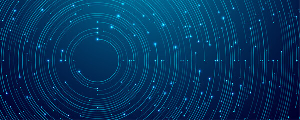 Fototapete - Abstract technology background. Thin line circuit circle wires in blue on tech bg. AI concept. Computer innovation dark navy backdrop. Digital futuristic banner. Vector illustration.