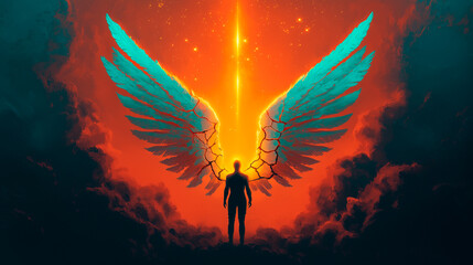 Wall Mural - Human Figure with Cracked Teal Wings Against Orange and Red Background