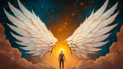 Wall Mural - Human Figure with Large Pale Wings Against a Space and Cloud Background