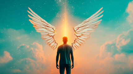 Wall Mural - Man with Cracked Wings Against a Celestial Background