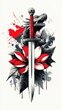 © Tungbackground - Dragon, Sword, and Flower Tattoo Design Red and Black Ink Illustration
