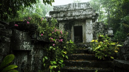 Wall Mural - Ancient Temple Overgrown by Lush Tropical Vegetation