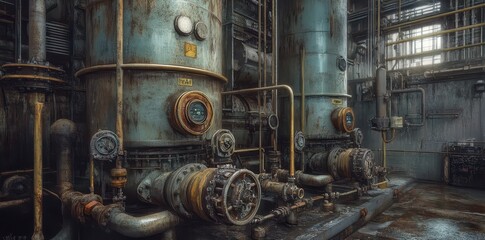 Wall Mural - industrial scene featuring gas pipes and pressure systems in a dynamic urban environment