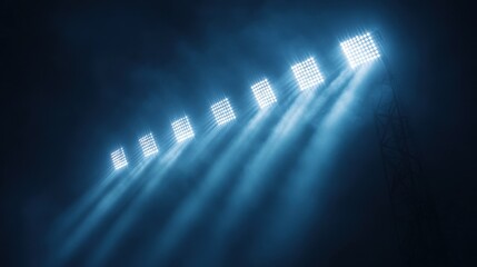 Wall Mural - Intense beams from a row of stadium lights cutting through a dark sky, ready for action.