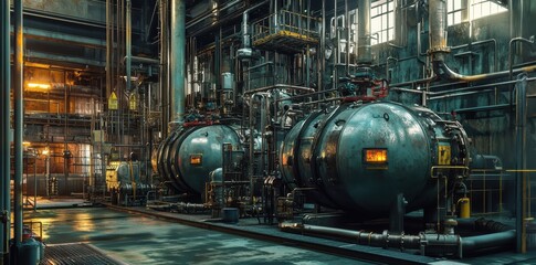Wall Mural - industrial scene featuring gas pipes and pressure systems in a dynamic urban environment