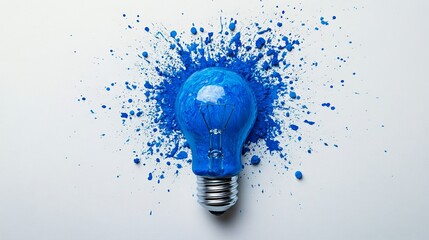 Poster - Blue lightbulb splattered with vibrant blue paint on white background, symbolizing creativity and innovation concept