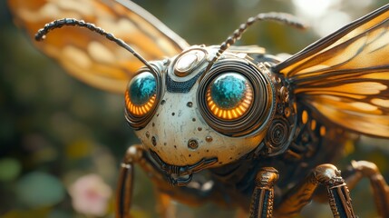 Poster - Mechanical insect with detailed metallic wings and glowing eyes, macro view. Futuristic design and innovation concept