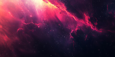 Wall Mural - Vibrant cosmic clouds in hues of red and pink sprinkled with distant stars against a dark expanse of space.