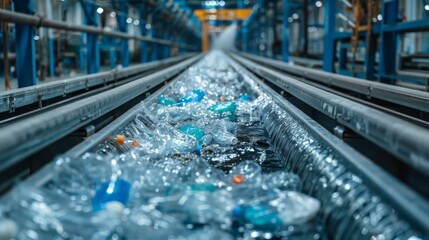Aufkleber - Plastic bottles and waste are seen floating in water at a recycling plant, showcasing the urgent need for effective recycling solutions and environmental awareness.