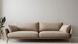 © Basileus - Contemporary beige sofa with wooden frame in front of wall