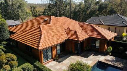 Canvas Print - Renovated home featuring an innovative polymeric tile roof, seamlessly blending with the contemporary architecture.