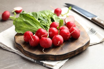 Wall Mural - Many fresh radishes on grey textured table, closeup