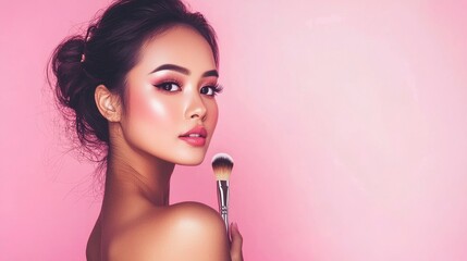 the image depicts a closeup of a korean woman or fashion model using a makeup brush to apply her cos