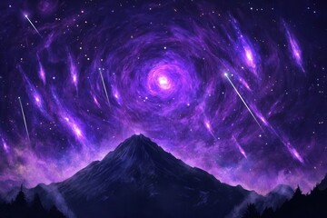 Wall Mural - majestic purple nebula with swirling star clusters, meteor streaks across dark sky, mountain silhouettes in foreground, astrophotography style