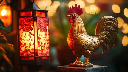 Vibrant rooster figurine near traditional lantern, cozy atmosphere with warm lights, suitable for cultural decor or events.