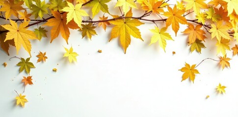 Wall Mural - Vines of golden yellow maple leaves entwined with green autumn foliage on a crisp white background, autumn, forest