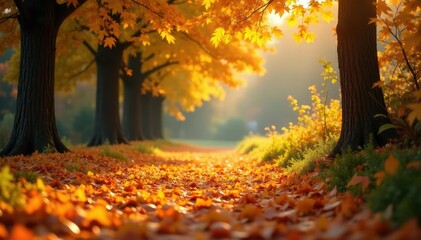 Wall Mural - A carpet of golden amber-colored leaves underfoot amidst the changing seasons, nature, autumn, fall