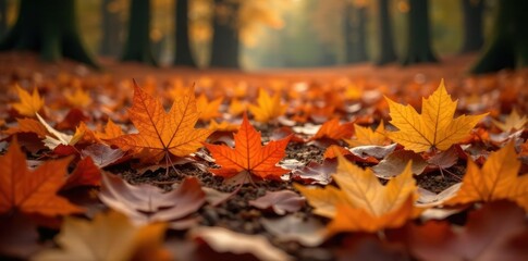 Wall Mural - Burnt orange maple leaves scattered on the forest floor, foliage, nature, autumn