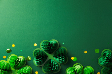 Wall Mural - St Patrick's Day border of honeycomb paper shamrocks and golden confetti on dark green background. Flat lay, top view