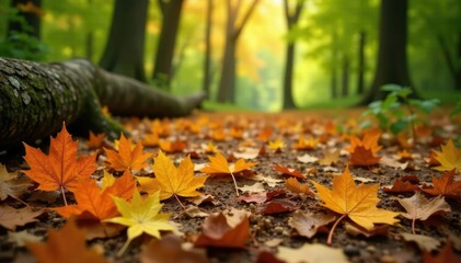 Wall Mural - Maple leaves in shades of yellow and orange scattered on a forest floor with fallen branches, green, branches, forest