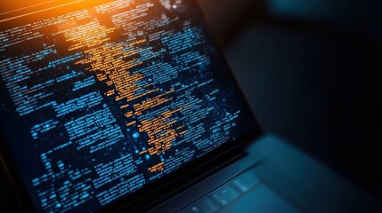 Software code on laptop screen with glowing text and dark background