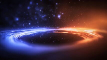 The celestial dance of a cosmic voyage through space features a swirling galaxy, nebula, and distant planet, highlighting the power and energy of swirling galaxies and dark matter, all illuminated by