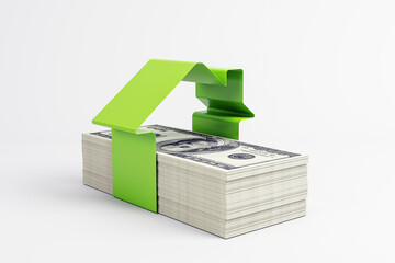 Aufkleber - Green house-shaped clip securing a stack of US dollar bills. 3D Rendering