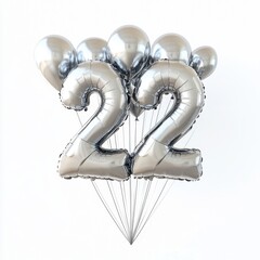 Wall Mural - Silver foil balloon set forming number 22 with helium balloons on white background