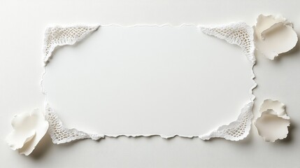 Elegant blank greeting card with lace corners and flower petals on a white surface, perfect for invitations.