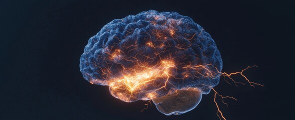 A creative hologram depicting a human brain microchip is shown in double exposure, representing future technologies and AI concepts