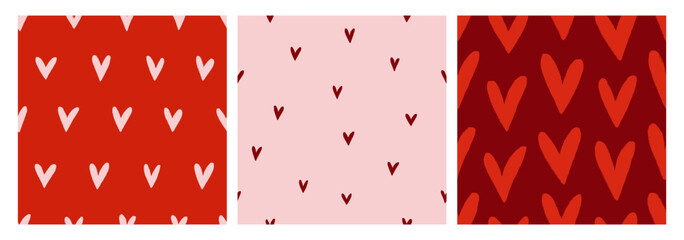 Fototapete - Seamless heart patterns set. Cute doodle-style love prints for Valentine's Day. Endless background, repeating feminine texture for textile, fabric, wrapping design. Romantic flat vector illustrations