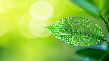 The graphic shows a leaf with a glowing circuit board pattern, embodying the integration of natural and technological worlds