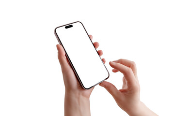 Poster - Hand holds a smartphone while the right hand gently touches the screen. Slight left-side angle, perfect for app mockup and digital interface.