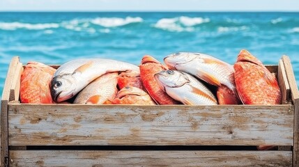 Freshly Caught Fish Displayed in Rustic Wooden Crate by Scenic Ocean View with Gentle Waves