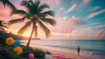 Wall Mural - relaxing on a tranquil beach during a colorful sunset with palm trees and playful beach balls nearby