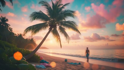Wall Mural - stroll along a serene beach at sunset with palm trees and colorful skies in the tropics