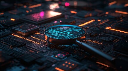 The concept of data analysis is represented by a magnifying glass, symbolizing digital data search, binary code investigation, and the broader fields of information technology, cybersecurity