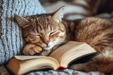 Cat sleeps on a cozy blanket next to an open book in a warm indoor setting during the afternoon