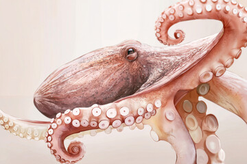 close-up of an octopus and its arms and tentacles on bright background