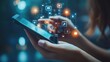 © Sampao - Elegant female fingers gently tapping on a smartphone screen, illuminated by glowing floating media icons