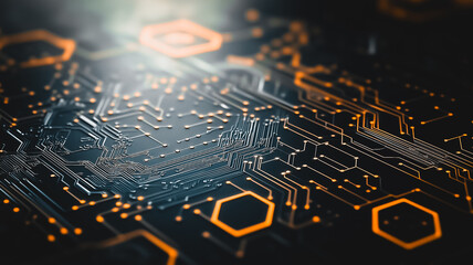 Wall Mural - cybernetic circuitry: a detailed close-up reveals the intricate network of a circuit board, with glo
