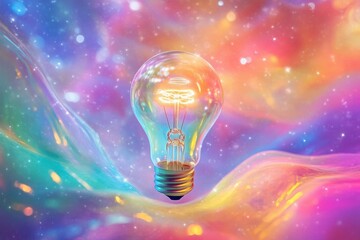 Wall Mural - whimsical illustration of a floating lightbulb surrounded by spiraling rainbow energy waves and magical sparkles