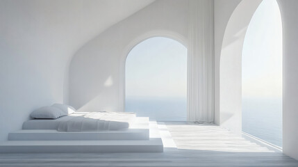 Fototapete - A serene, minimalist bedroom featuring white tones, large arched windows, and a tranquil ocean view, creating a peaceful retreat