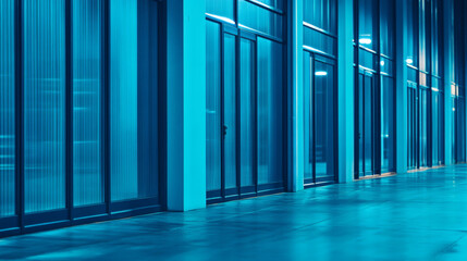 Fototapete - A modern hallway featuring glass doors and illuminated in a cool blue hue, creating a sleek and futuristic atmosphere