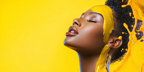 Aufkleber - woman with vibrant yellow paint on her face against matching background