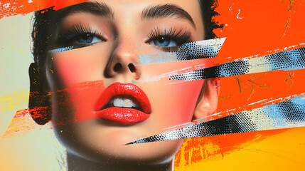 Aufkleber - vibrant pop art collage featuring woman face with bold makeup and abstract brushstrokes