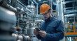 © DOUGLAS - male engineer in hard hat and safety glasses uses smartphone in industrial facility